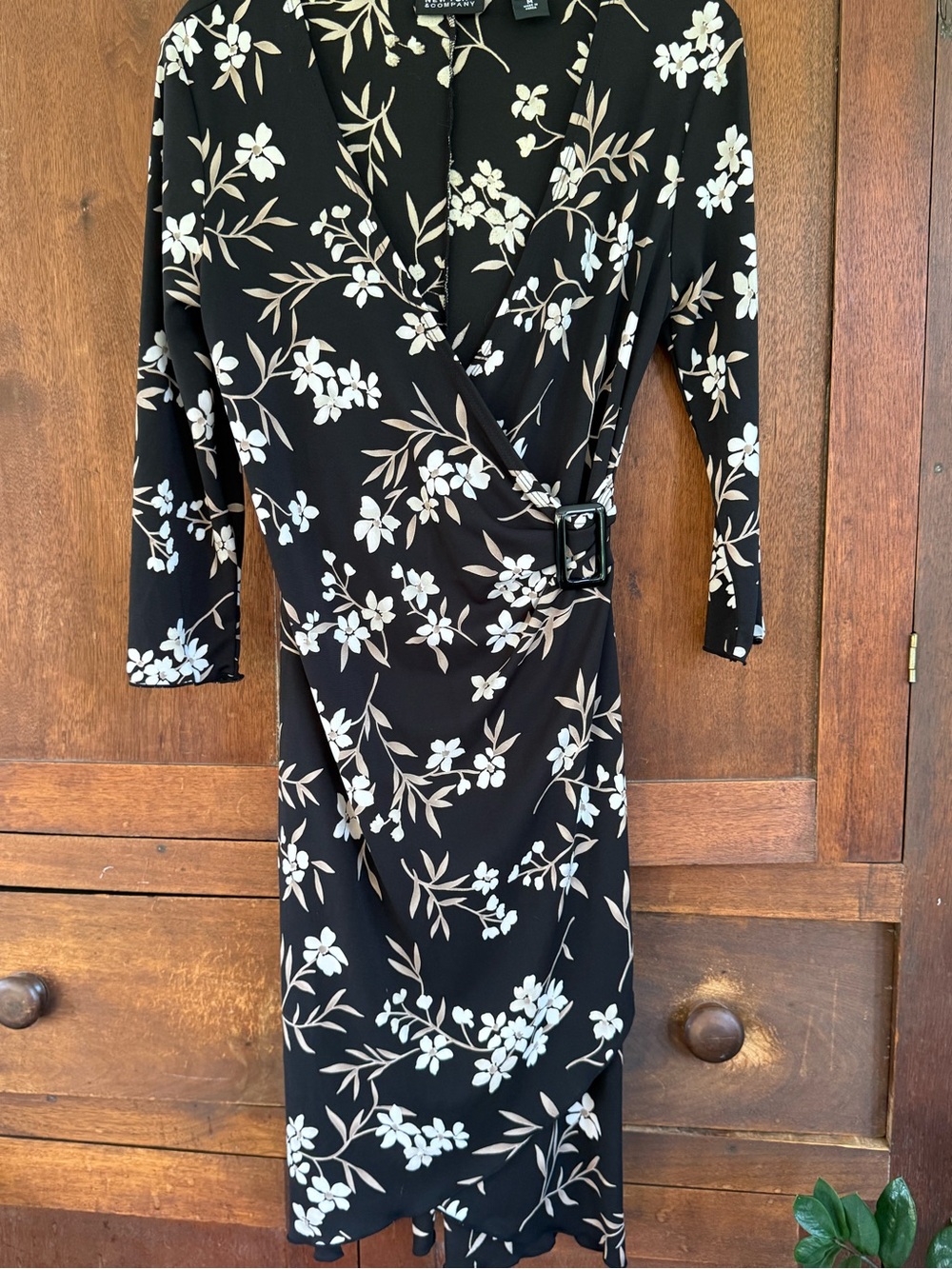 New York & Company Black Floral Wrap Dress with Cream and White Print